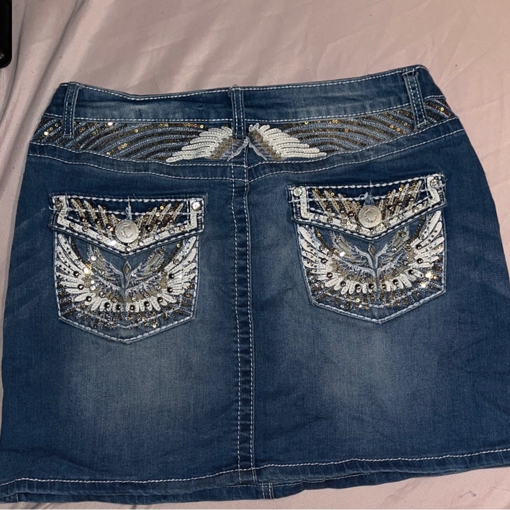 Denim Blue Skirt with Embellished Pockets - Picture 3 of 6